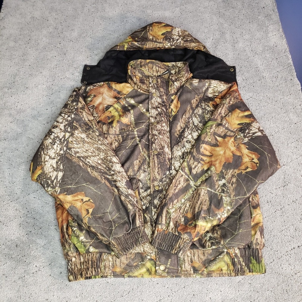 Woolrich Camo Jacket Mens L Long Sleeve Detachable Hood Mossy Oak Breakup Zip Up